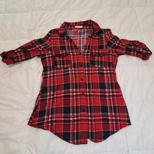 Paper & Tee Black Red Plaid Pockets Button Down Women’s 3/4 Sleeve Top Size M
